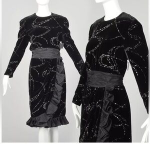 ESCADA Vintage Black Velvet Dress with Rhinestones and Crystal Buttons Size 36